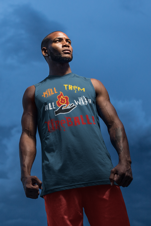 African-American man with a navy blue sleeveless shirt with the design 