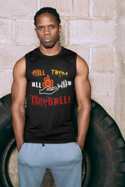 African-American man wearing a black sleeveless shirt with the design "Kill Them All With Fireball!"